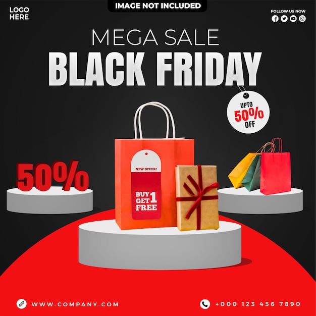 Venda da Black Friday com postagem de mídia social de exibição de produto no pódio ou modelo de banner de postagem do Instagram
