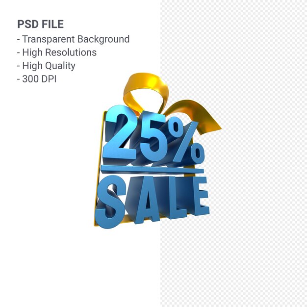 Venda de 25% com arco e fita design 3D isolado