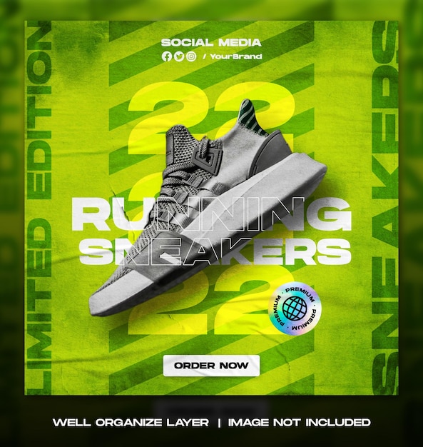 Venda de calçados esportivos para postagem no instagram de mídia social ou design de modelo de banner quadrado
