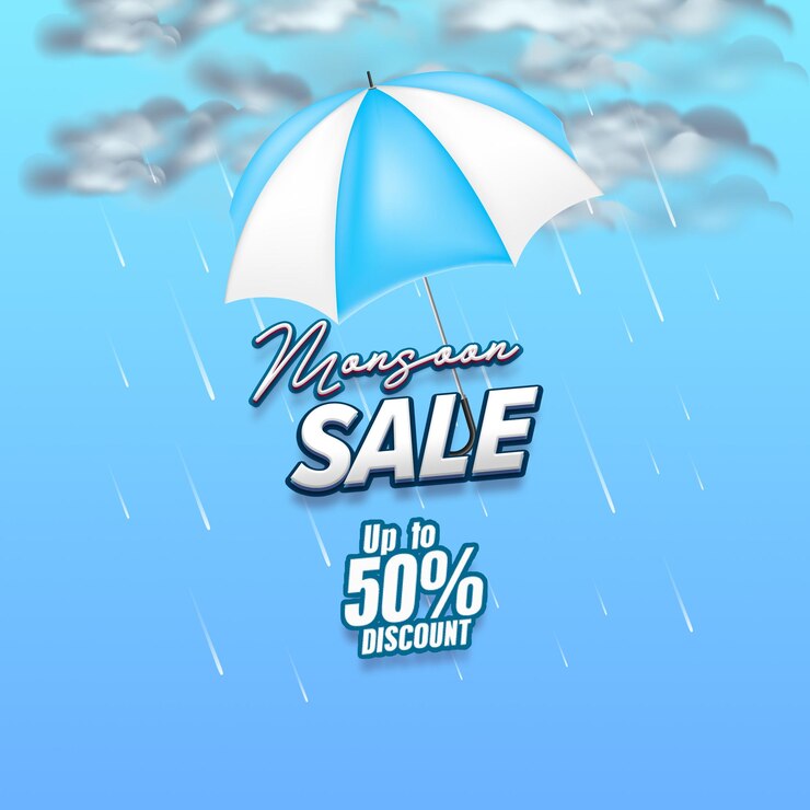 Venda de monções com guarda-chuva e promoção de desconto