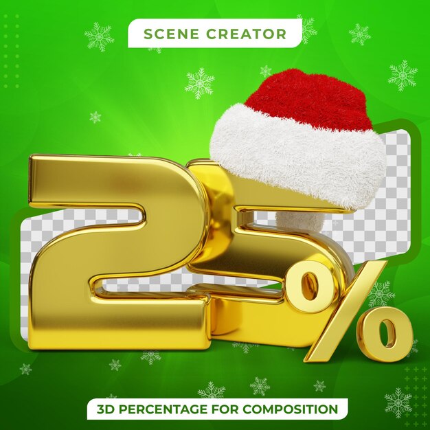 Venda de Natal com 25% de desconto 3D Texto dourado com chapéu de Papai Noel 3D render