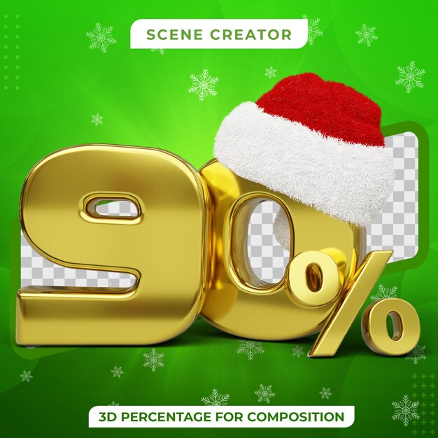 PSD venda de natal com 90 por cento de desconto 3d texto dourado com chapéu de papai noel 3d render