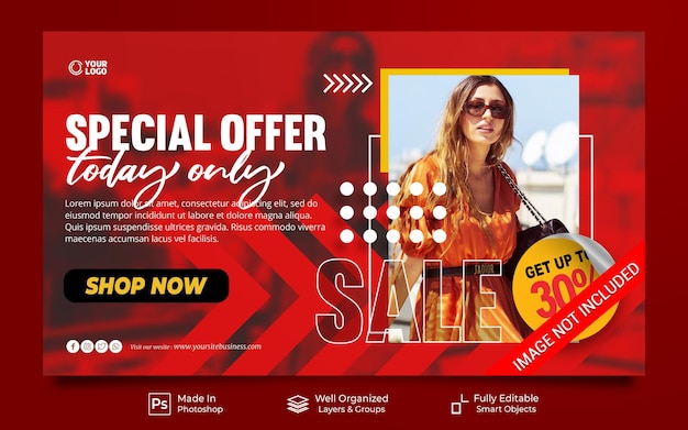 Venda de oferta especial com modelo de banner de site de mídia social de promoção de cor vermelha de estilo moderno