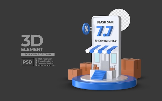 Venda em flash dia de compras 7 7 com elemento de renderização 3d de pódio de smartphone para composição psd premium