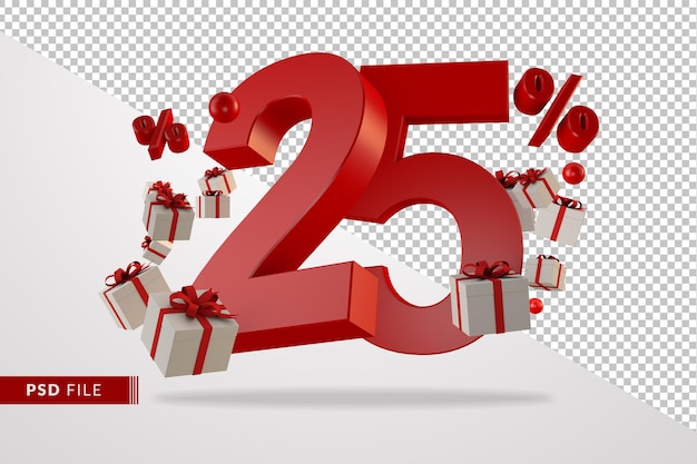 PSD venda vermelha 25% de desconto no número 3d promocional flutuando com caixas de presente