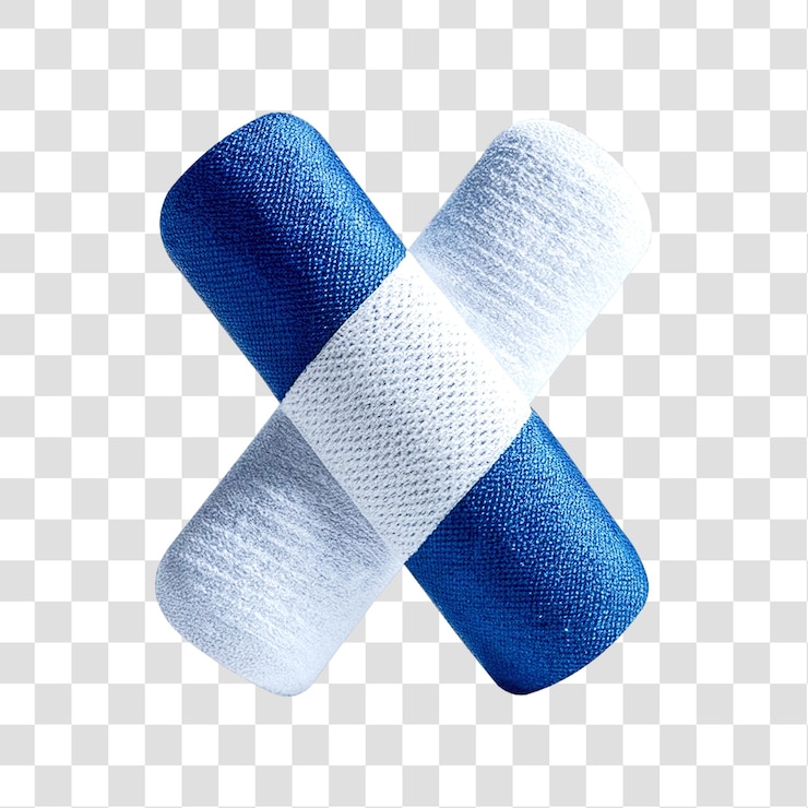 Un vendaje azul y blanco de diseño bicolor aislado sobre un fondo transparente