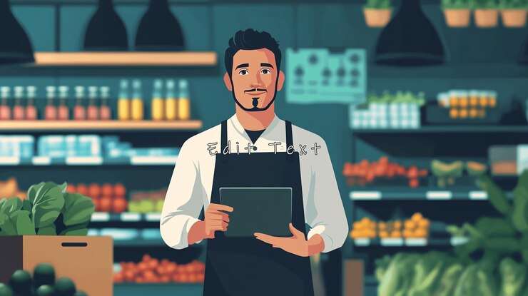 PSD un vendedor de comestibles confiado con una tableta en la tienda