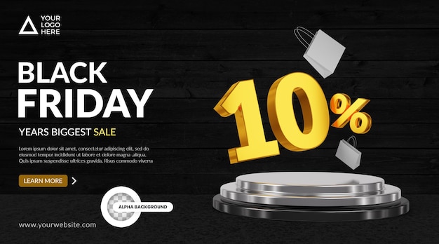 PSD vendredi noir 10% de réduction bannière web réaliste 3d pour la promotion de la vente