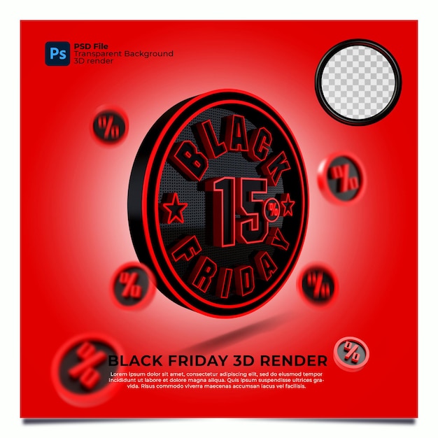 PSD vendredi noir 15 pourcentage de réduction de vente rendu 3d avec la couleur et les éléments rouges du cercle