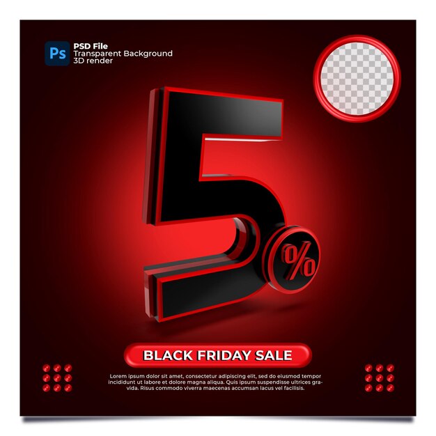 Venerdì nero sconto 5% vendita 3d rendering con colore rosso