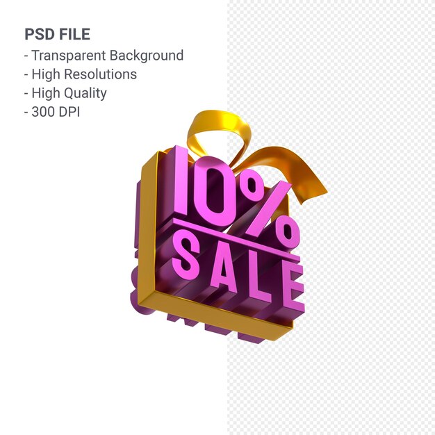 Venta del 10% con arco y cinta diseño 3d aislado