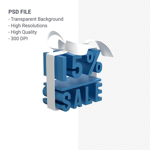 PSD venta del 15% con arco y cinta diseño 3d aislado