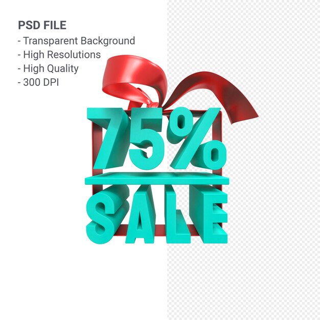 PSD venta del 75% con diseño 3d de lazo y cinta.