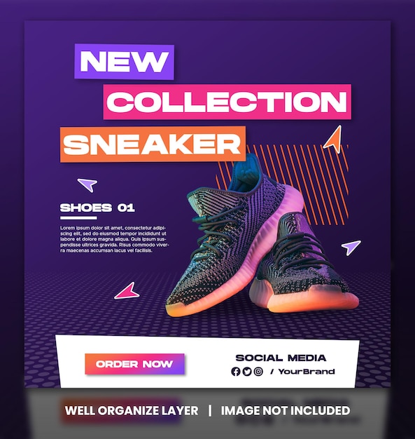 Venta de calzado deportivo para publicación de instagram en redes sociales y diseño de plantilla de historias