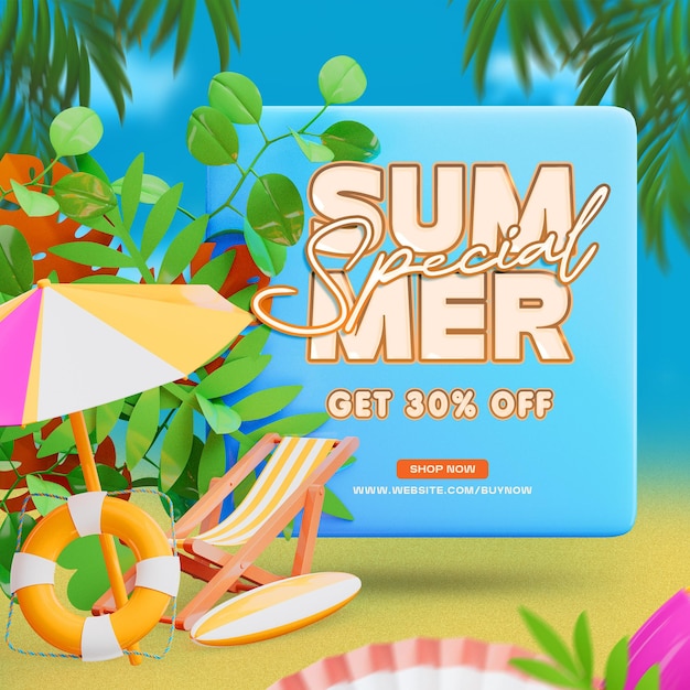 Venta especial de verano plantilla de publicación de redes sociales con coloridos elementos de playa