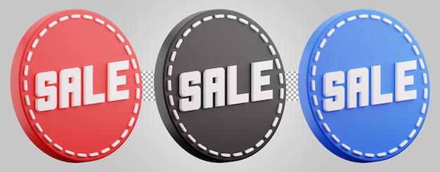 Venta etiqueta rojo azul negro ilustración, fondo transparente para negocios. renderizado 3D