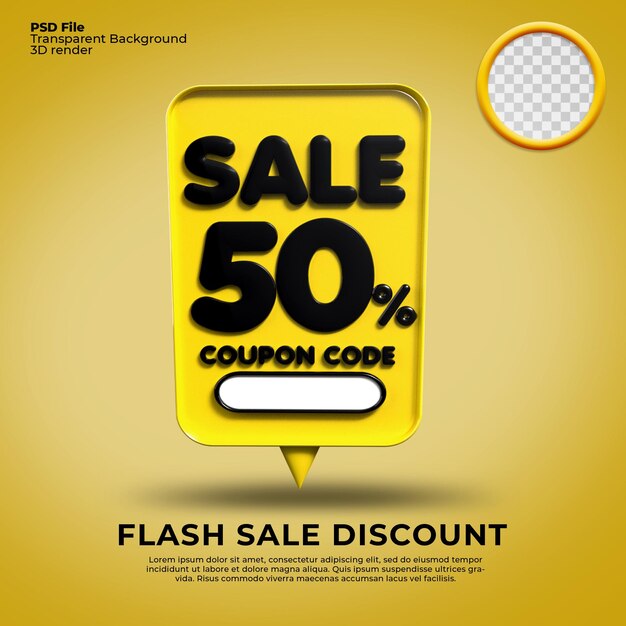 PSD venta flash descuento número 50 porcentaje 3d burbuja amarillo
