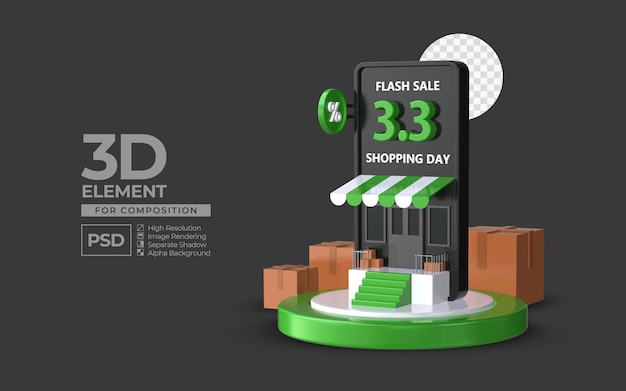 PSD venta flash día de compras 3 3 con elemento de renderizado 3d de podio de teléfono inteligente para composición psd premium