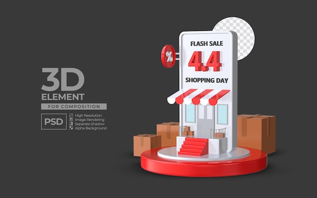 Venta flash día de compras 4 4 con elemento de renderizado 3d de podio de teléfono inteligente para composición psd premium