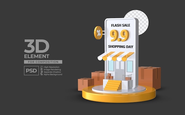 Venta flash día de compras 9 9 con elemento de renderizado 3d de podio de teléfono inteligente para composición psd premium