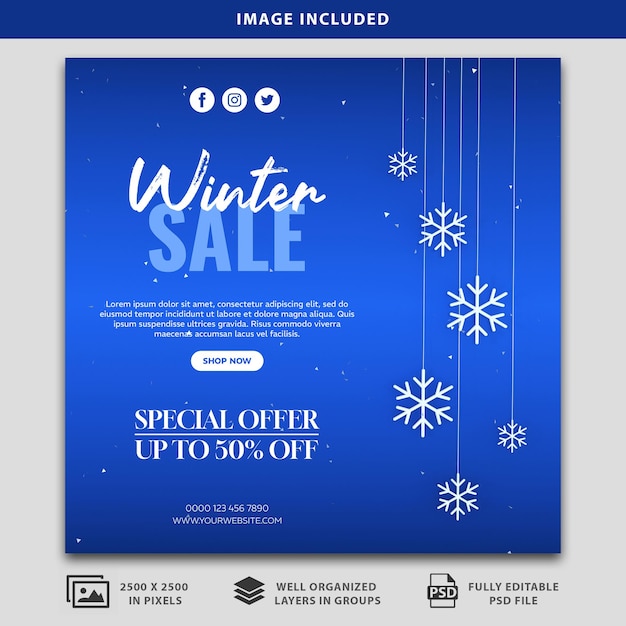 venta de invierno póster de redes sociales con copos de nieve diseño mockup psd