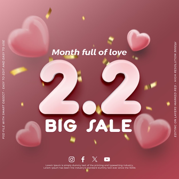 Venta llena de amor 22 de febrero con un estandarte de efecto de texto editable de estilo 3D blanco