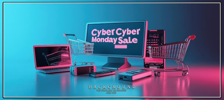 PSD venta de lunes cibernético con computadora portátil y carros de compras