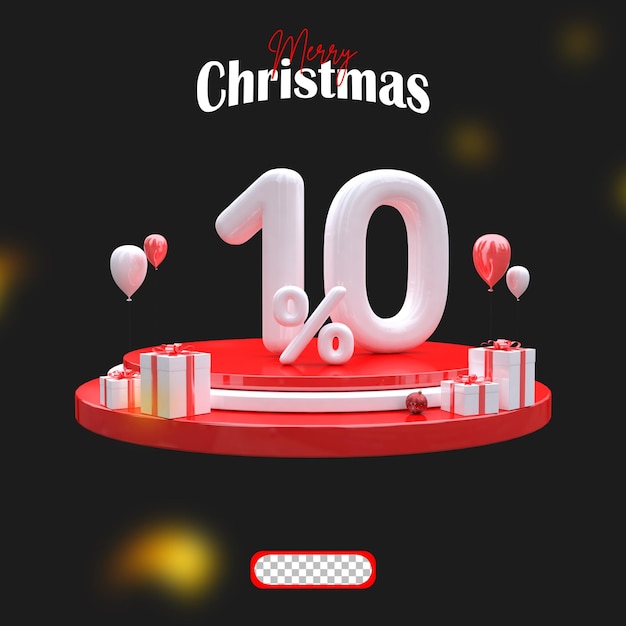 Venta de Navidad 10 por ciento en el podio con caja de regalos y globo flotante