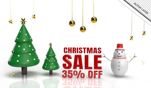 Venta de navidad 3d render árbol de navidad con muñeco de nieve