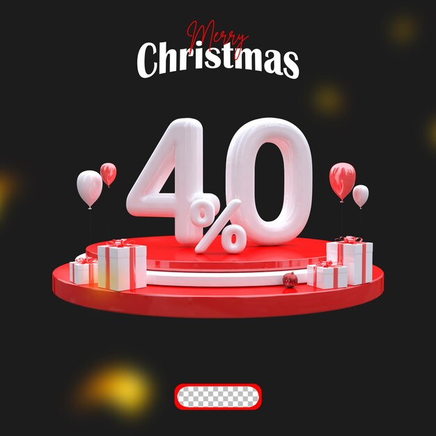 Venta de Navidad 40 por ciento de pie en el podio con caja de regalos y globo flotante
