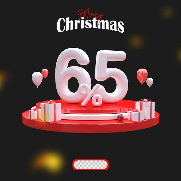 Venta de Navidad 65 por ciento de pie en el podio con caja de regalos y globo flotante