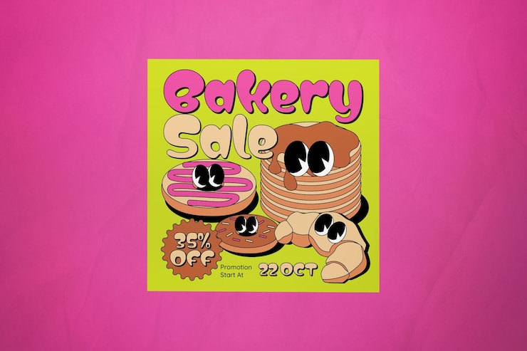 PSD venta de panadería de dibujos animados rosados retro en las redes sociales
