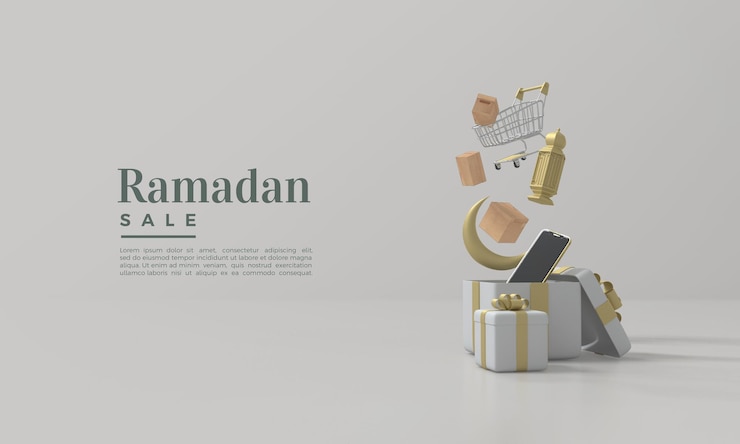 PSD venta de ramadán con caja de regalo abierta de render 3d