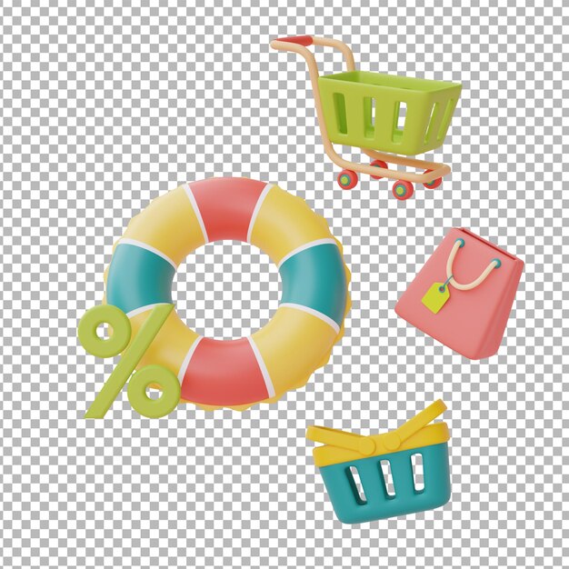 Venta de verano con anillo inflable colorido y carrito de compras aislado sobre fondo blanco Representación 3d
