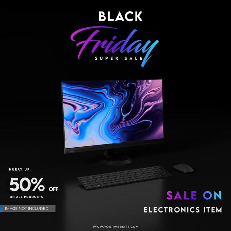 PSD venta de viernes negro con escritorio y render 3d de fondo oscuro