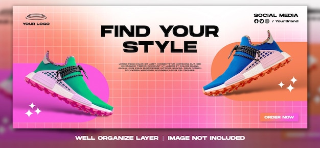 Venta de zapatillas deportivas para publicación de instagram en redes sociales y plantilla de banner web de facebook
