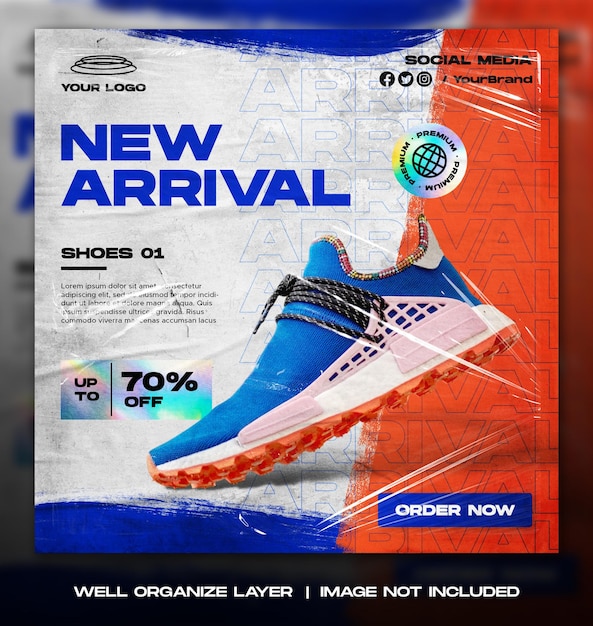 Venta de zapatos deportivos para publicación de instagram en redes sociales o diseño de plantilla de banner cuadrado