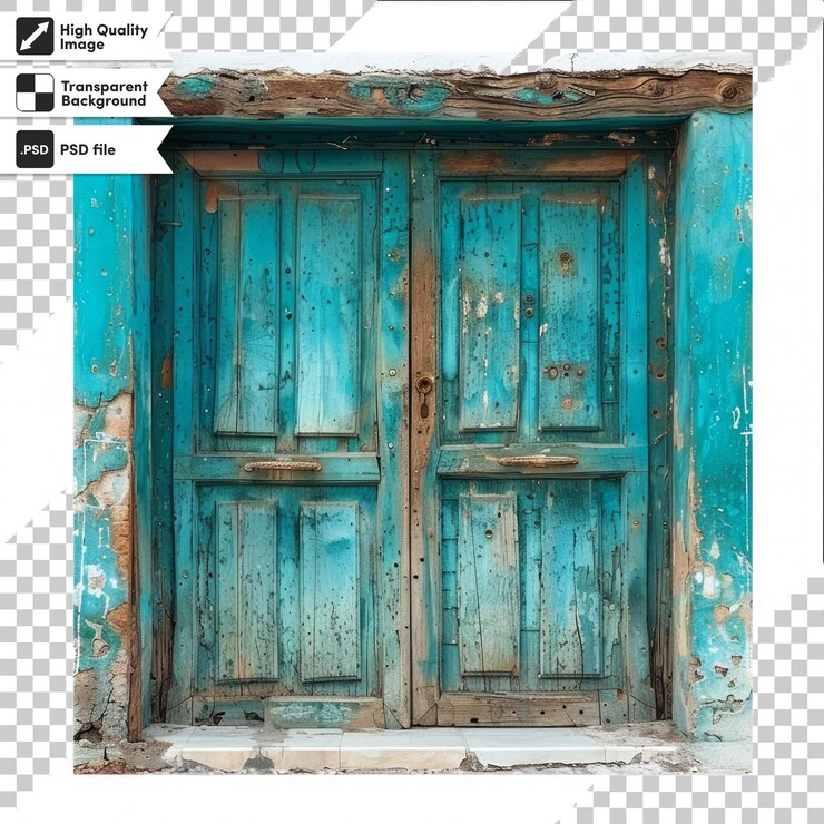 PSD una ventana azul con una puerta verde y una foto en blanco y negro de una ventana