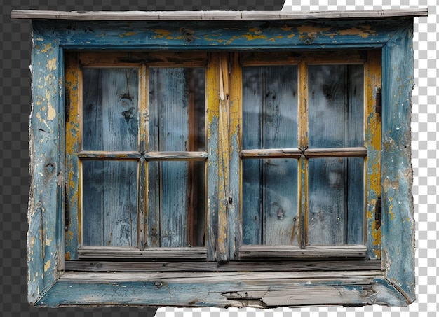 PSD ventana de madera rústica de época con persianas desgastadas en fondo transparente png