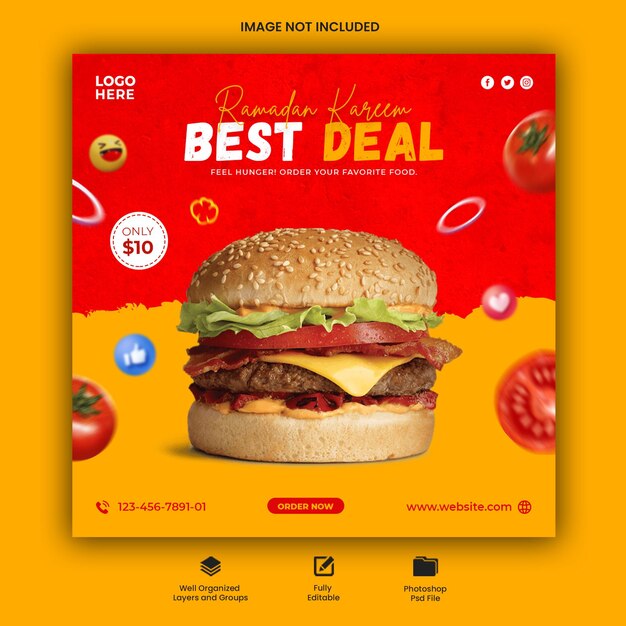 Vente D'affiches De Burger Du Ramadan Promotion Des Médias Sociaux Et Conception De Modèle De Publication De Bannière Carrée Instagram