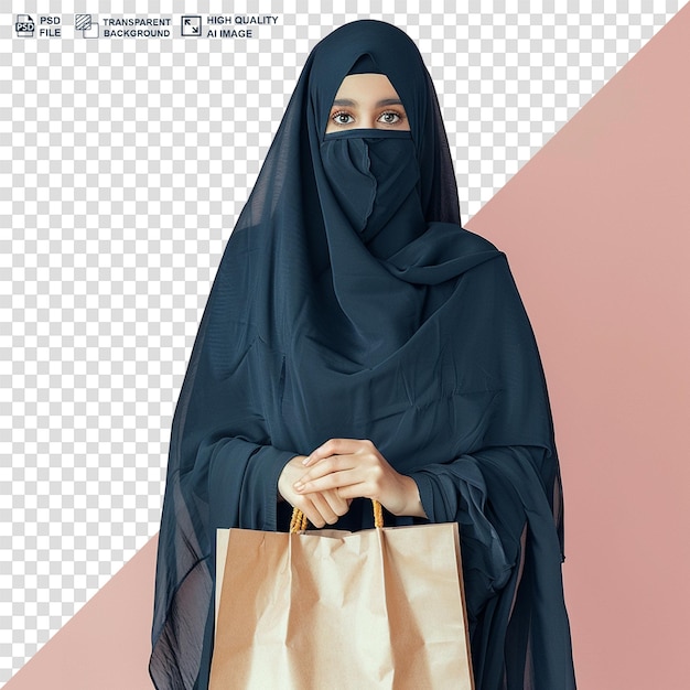 PSD vente d'eid femme musulmane en hijab avec un sac d'achat isolé sur un fond transparent