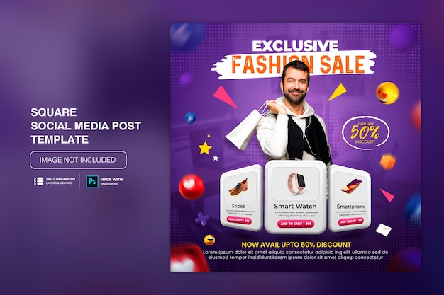 PSD vente flash de concept créatif promotion des achats en ligne sur la publication des médias sociaux