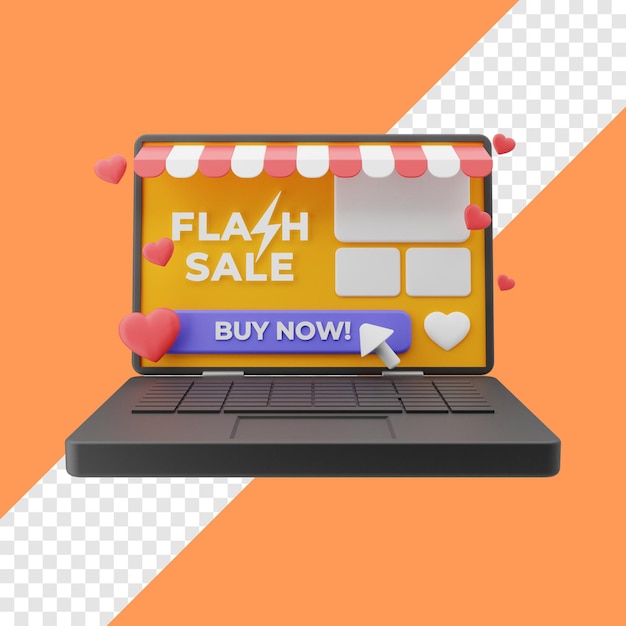 Vente Flash De Magasin En Ligne 3d En Illustration D'ordinateur Portable Avec Fond Transparent