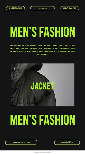 PSD vente de mode de veste noire instagram stories modèle psd conception bannière de médias sociaux thème vert néon vente