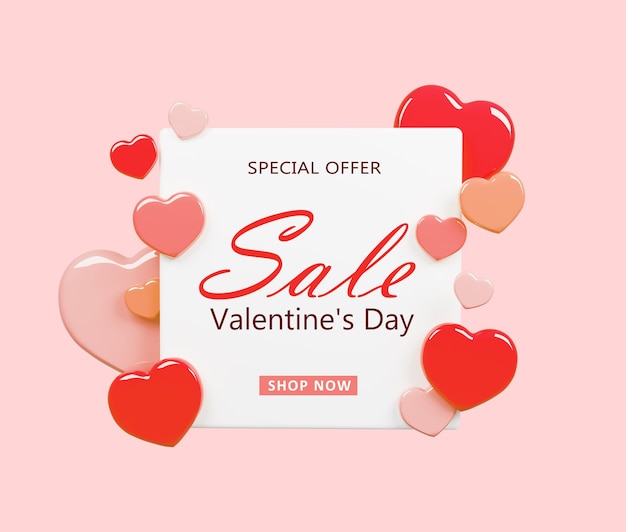 Vente Saint Valentin. Affiche Ou Bannière Avec Des Coeurs Sur Fond Rouge. Modèle Ou Arrière-plan Pour La Saint-valentin. Rendu D'objets 3d Psd Premium