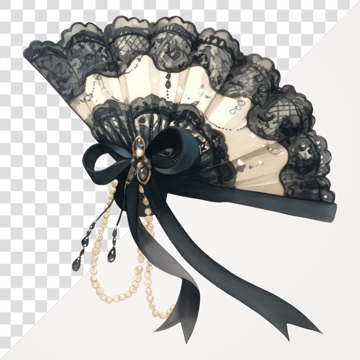 PSD ventilador png coquette decorado con encaje negro y accesorios de perlas accesorio cinta