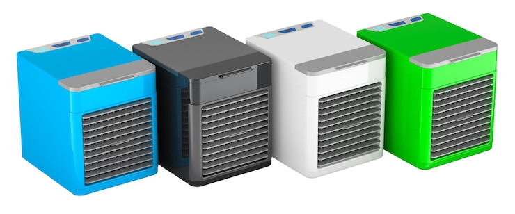 PSD ventilatori di mini aria condizionata colorati con rendering usb 3d isolati su sfondo trasparente