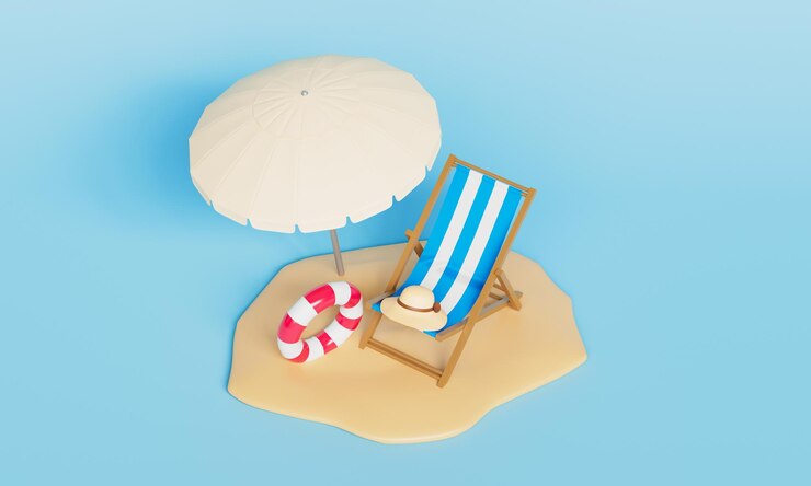 PSD verano en la playa con sombrilla de playa, silla, sombrero y anillo de natación en 3d
