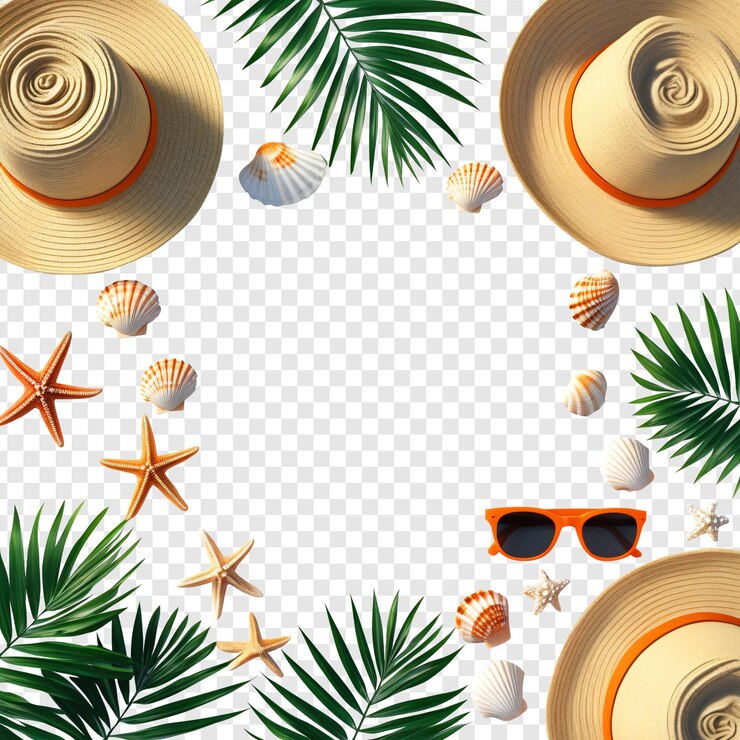 Verano con sombrero de paja, hojas de palma, estrellas de mar y conchas aisladas sobre un fondo transparente