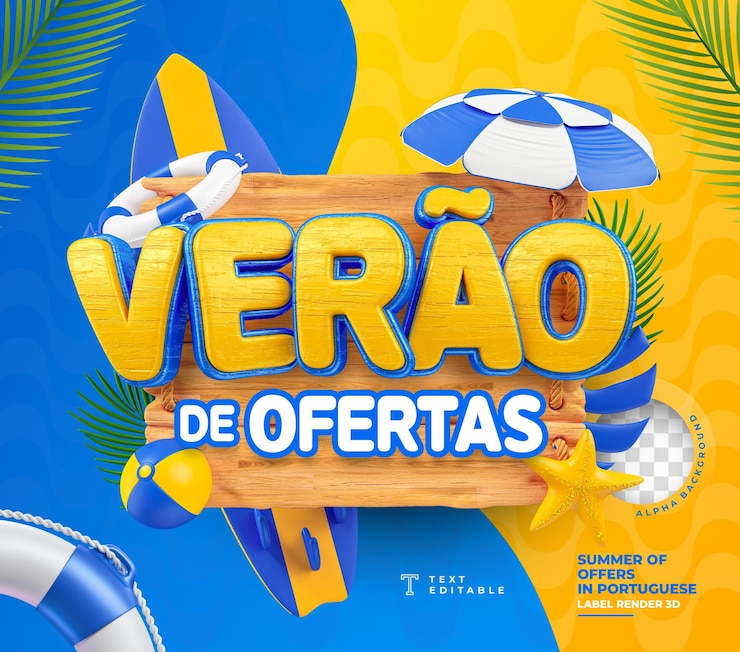 PSD verão de ofertas de rótulo em português brasileiro para a composição de modelos de marketing